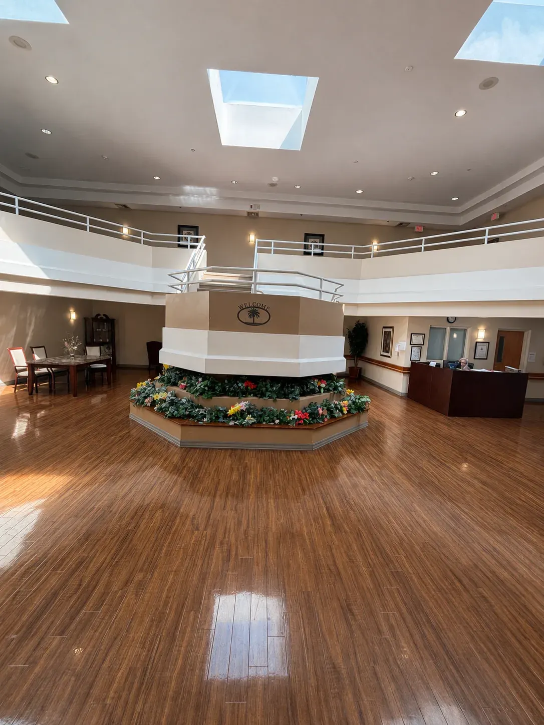 The atrium lobby at Vivo Healthcare Lakeland, under its skylights